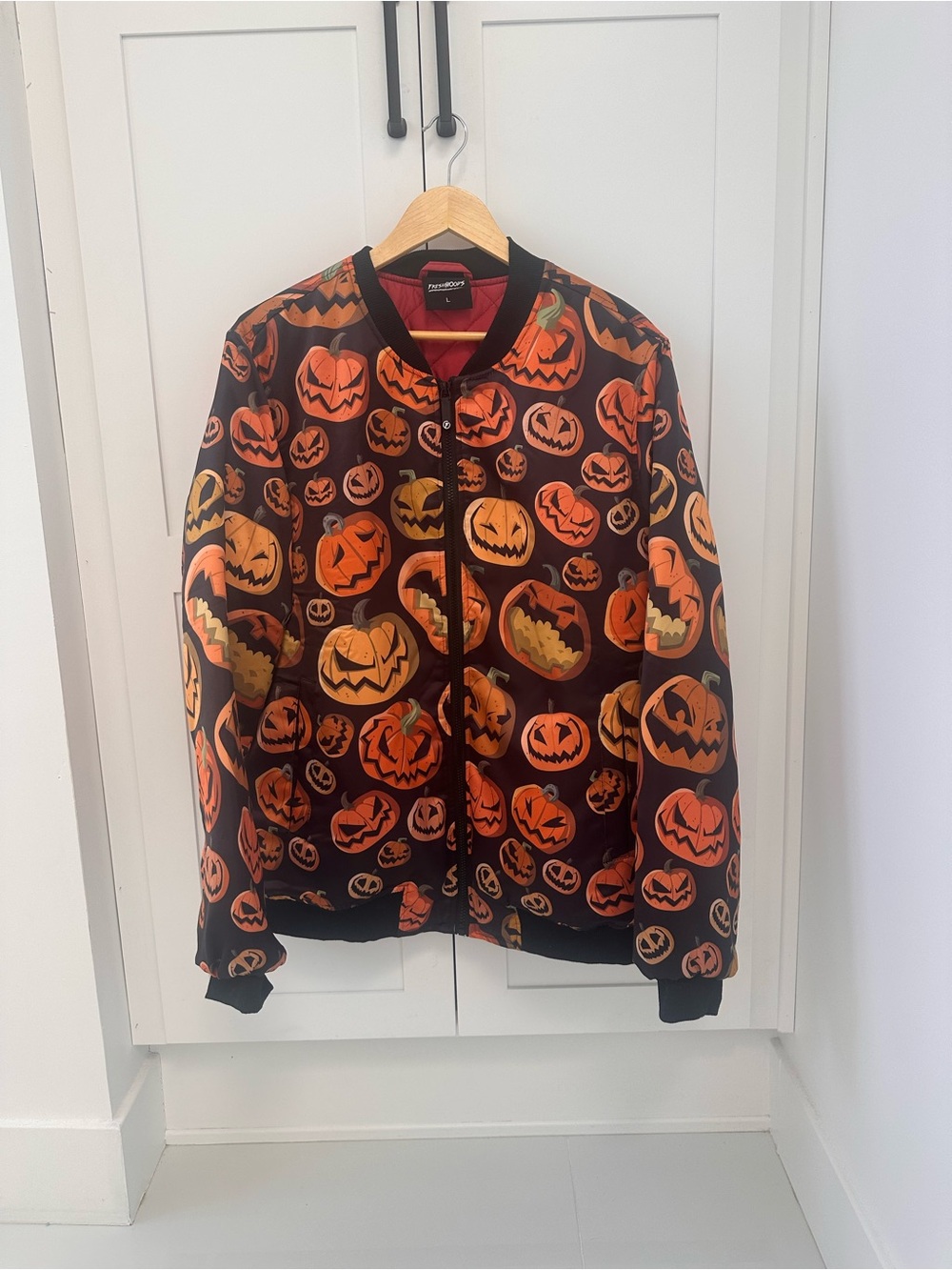 Halloween Pumpkin Print Bomber Jacket - Black/Orange